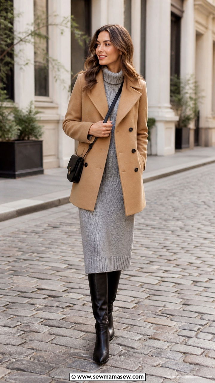 Peacoat with a Sweater Dress and Knee High Boots - 40 Pea coat outfit ideas