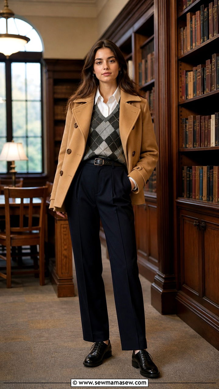 Peacoat with a Sweater Vest and Pleated Trousers - 40 Pea coat outfit ideas