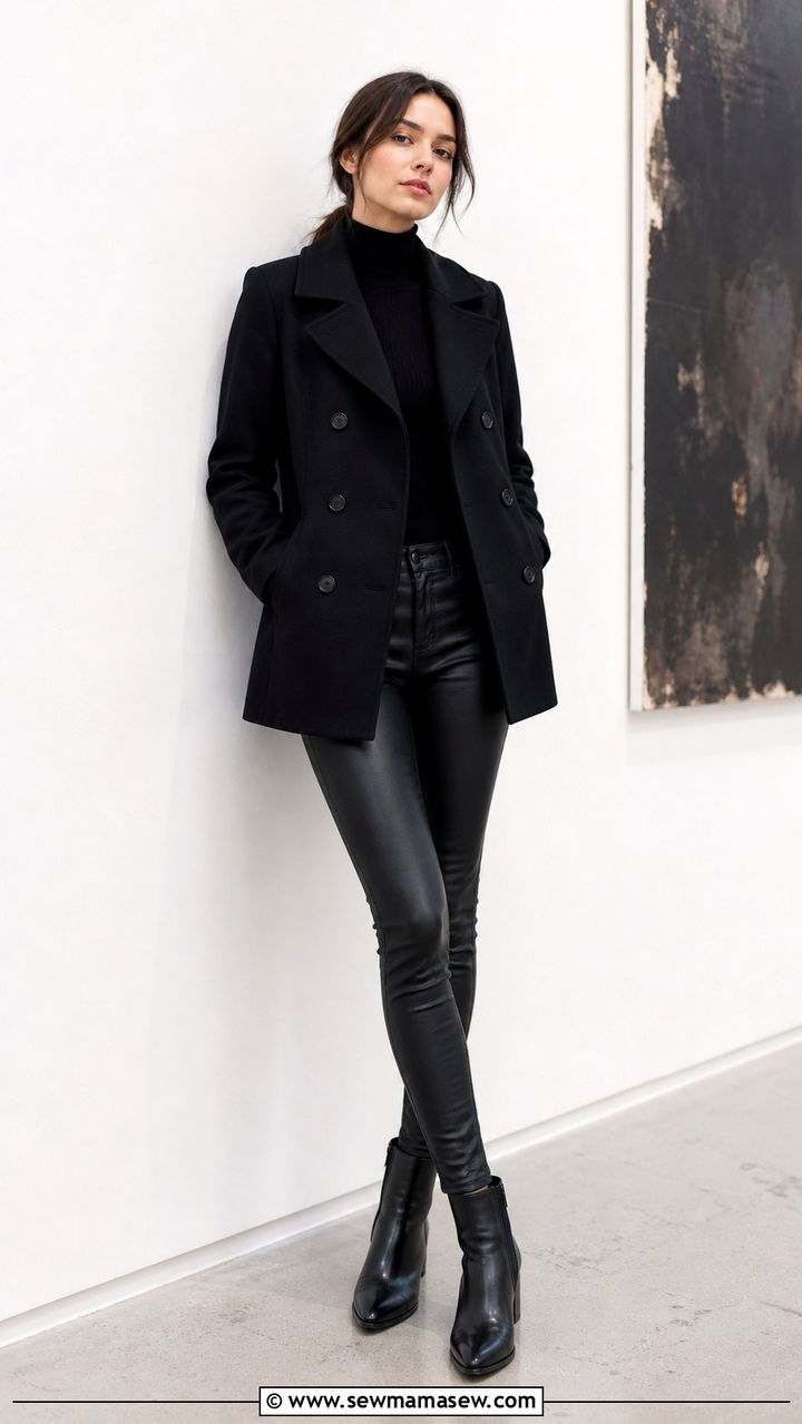 Peacoat with an All Black Monochrome Outfit - 40 Pea coat outfit ideas