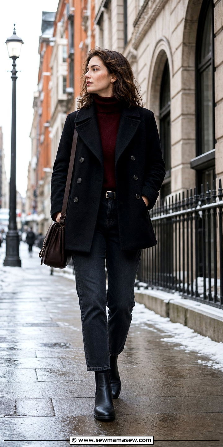 Peacoat with roll neck sweater and dark jeans - 25 Dark academia outfit ideas 2026