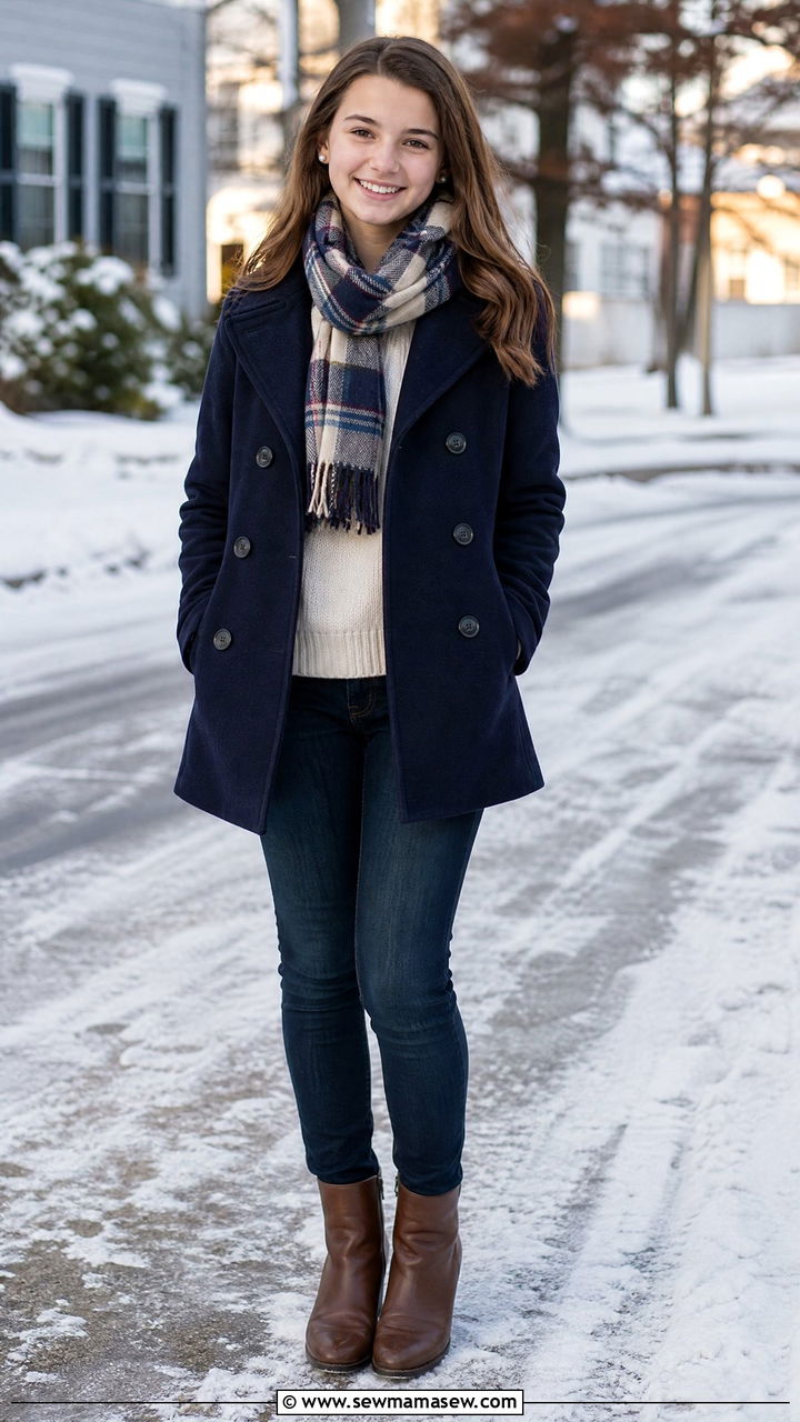 Peacoat with scarf and jeans school photo outfit - 25 High school picture day outfit ideas