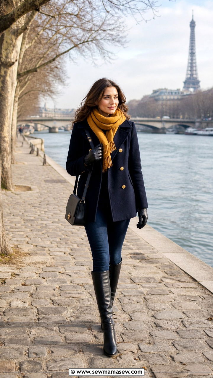 Peacoat with scarf and leather gloves outfit - 40 Parisian chic outfit ideas
