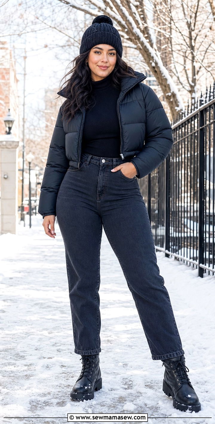 Pear Shape Cropped Puffer with High Rise Jeans Outfit - 25 Cute outfits for pear shape
