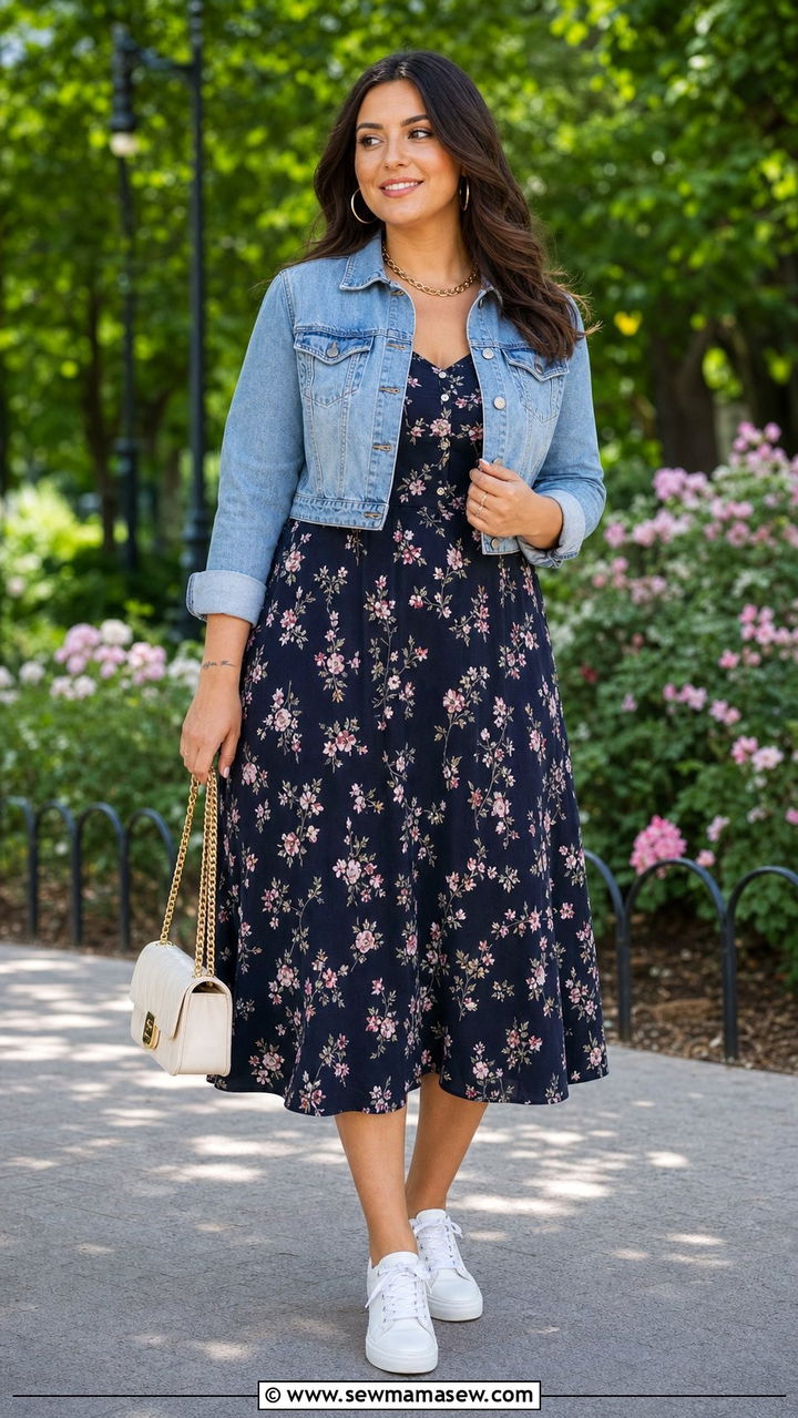 Pear Shape Denim Jacket and Floral Dress Outfit - 25 Cute outfits for pear shape
