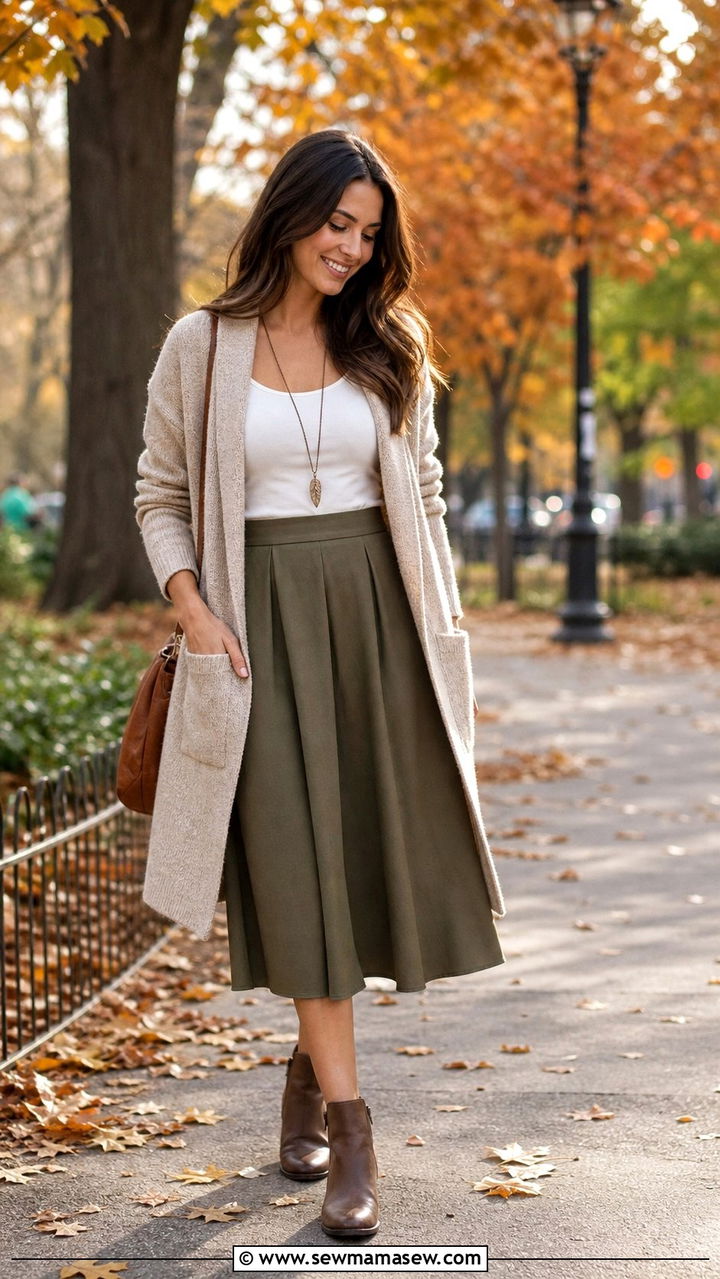 Pear Shape Long Cardigan with Cami and A Line Skirt Outfit - 25 Cute outfits for pear shape