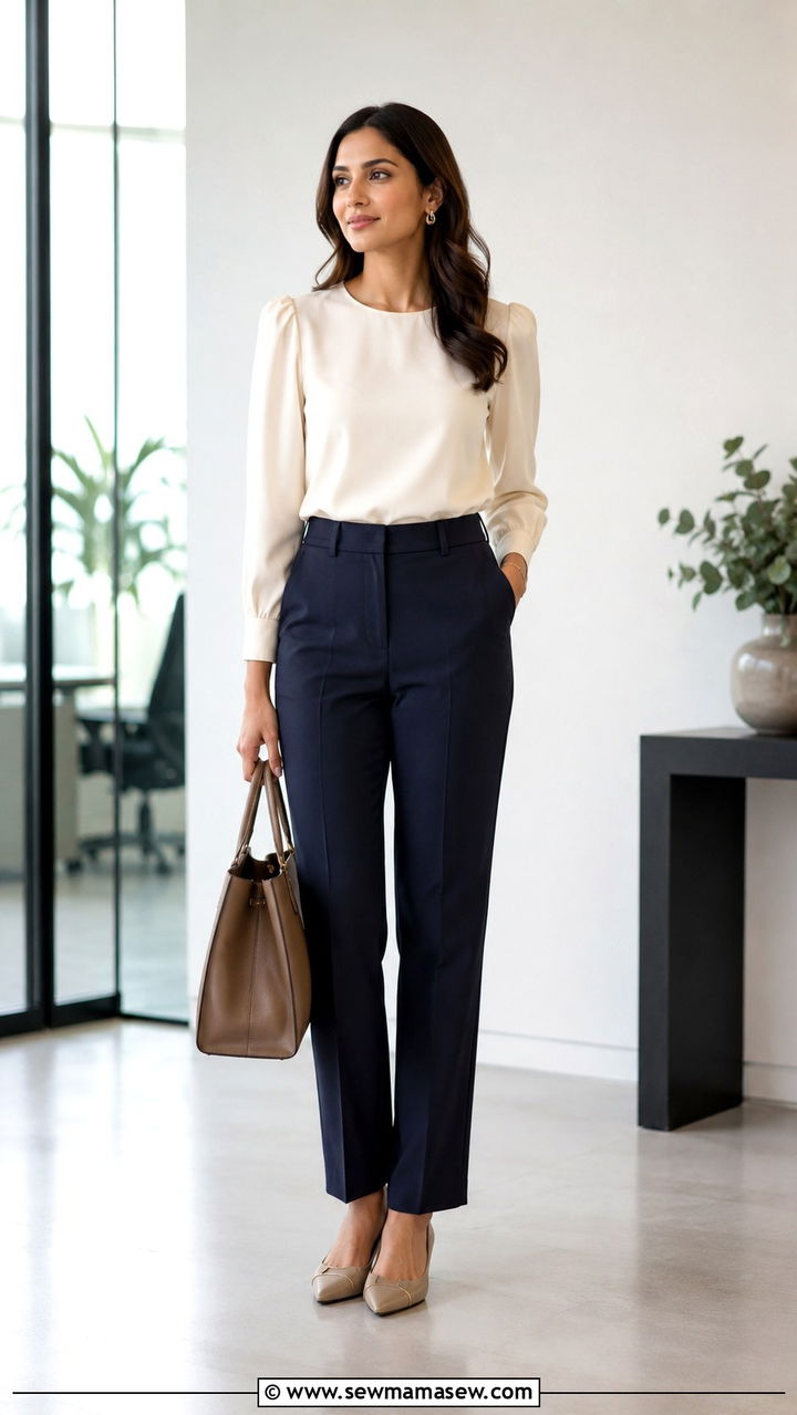Pear Shape Work Outfit Structured Blouse Straight Trousers - 25 Outfit ideas for pear shape for work