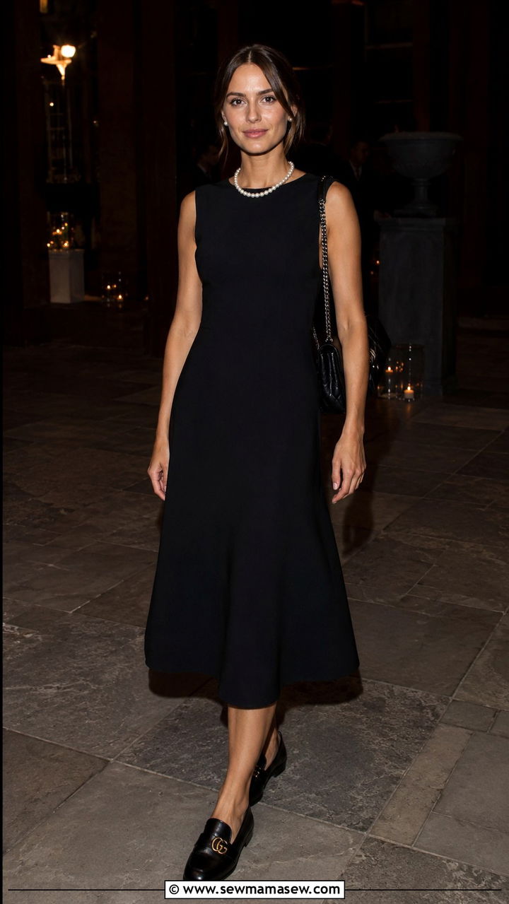 Pearl Accessories and Black Midi Dress With Gucci Loafers - 25 Old money outfit ideas with Gucci loafers