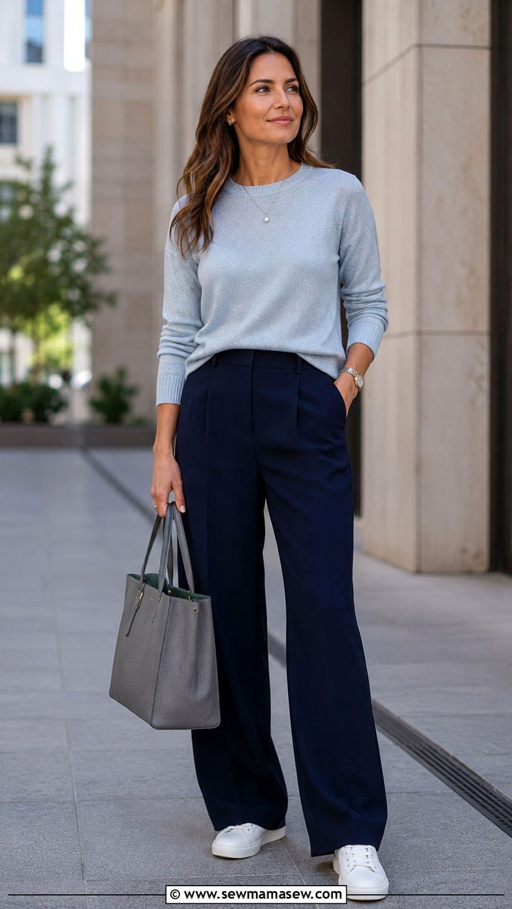 Pearl Blue Knit With Navy Wide Leg Trousers - 30 Quiet luxury outfit ideas 2026