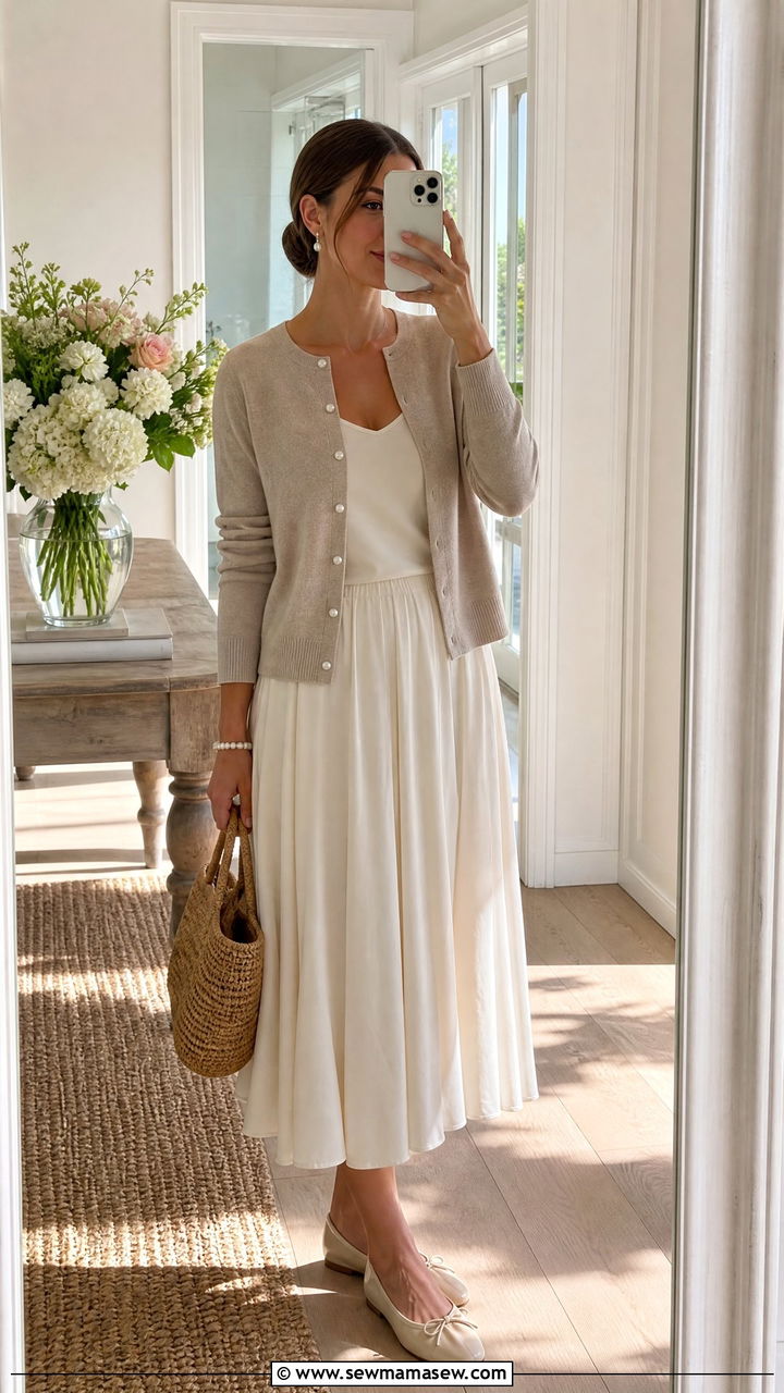 Pearl Button Cardigan and Flowy Midi Skirt - 25 classy coastal grandmother outfit ideas