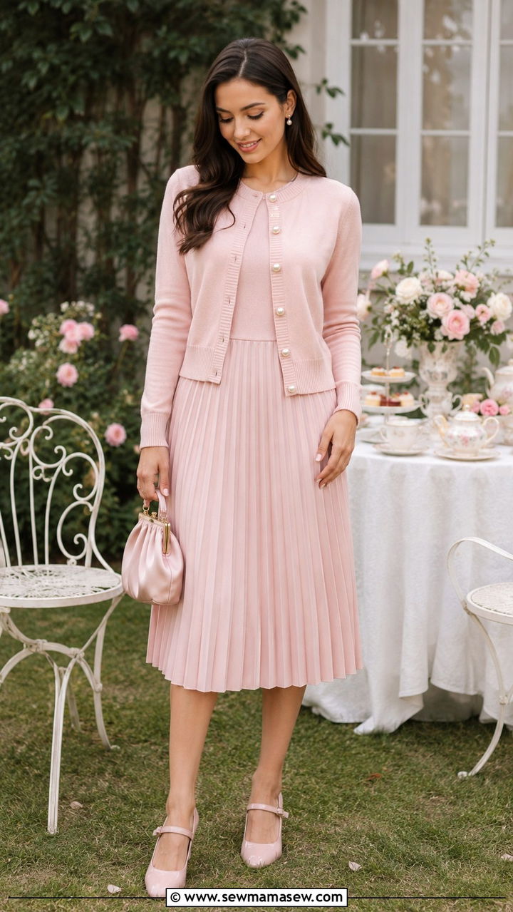 Pearl Button Cardigan and Pleated Dress Set - 30 Cardigan and dress matching set outfit ideas