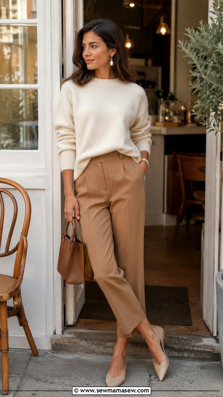 Pearl Drop Earrings With Cashmere Sweater And Tailored Trousers - 30 Statement earrings outfit ideas
