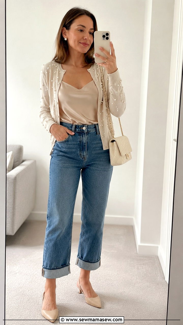 Pearl Embellished Cardigan With Champagne Satin Cami And Cropped Jeans - 25 80s luxury outfit ideas 2026