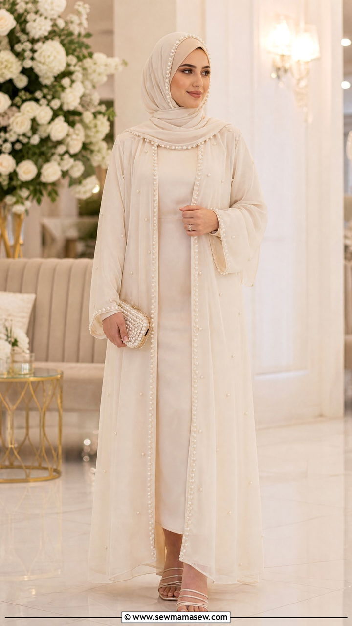Pearl Embellished Open Abaya with Pearl Trimmed Hijab - 30 Eid outfit ideas with hijab