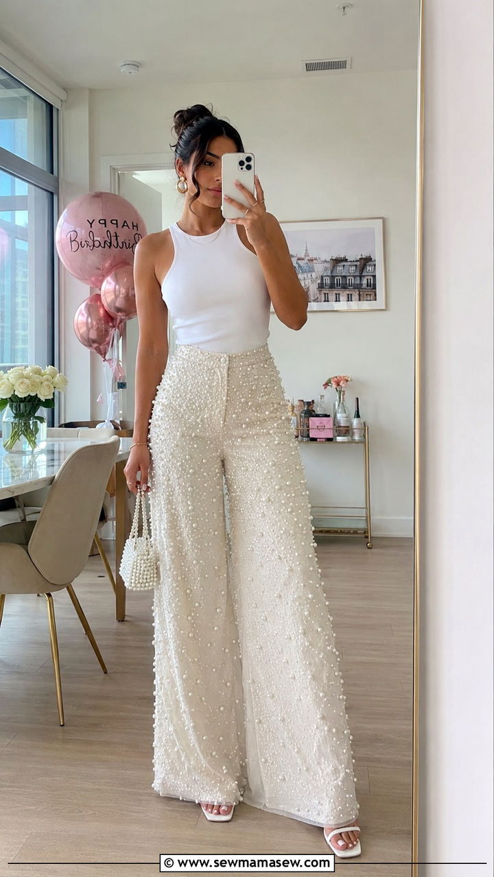 Pearl Encrusted Wide Leg Pants With Simple White Top - 25 birthday outfits Pinterest