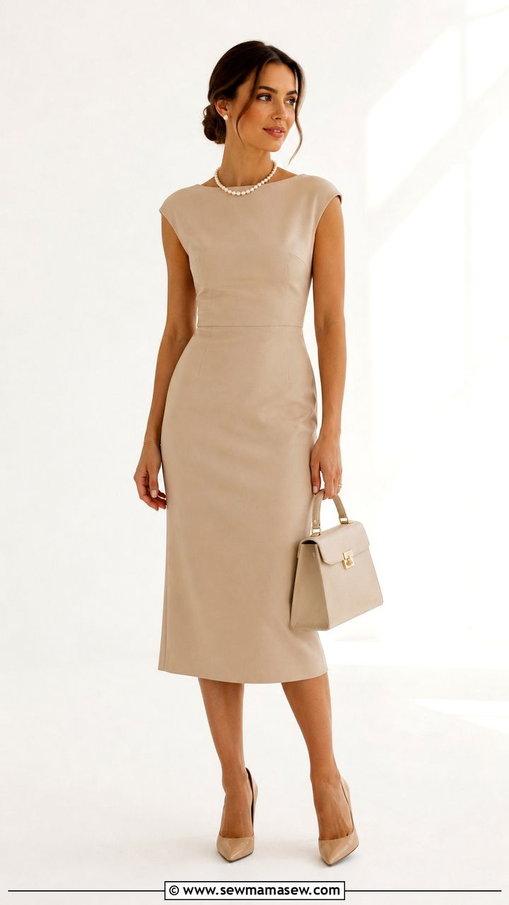 Pearl Jewelry and Neutral Midi Dress Outfit - 20 Quiet luxury outfit ideas Succession Logan