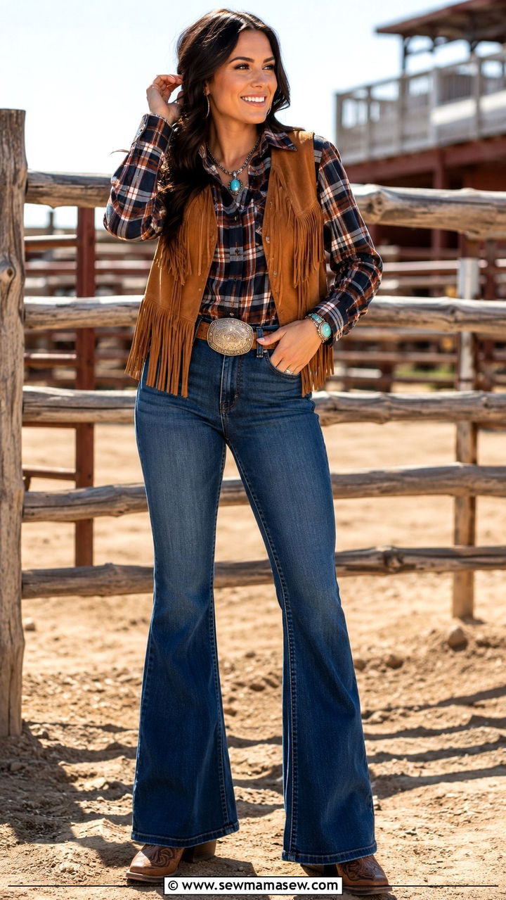 Pearl Snap Shirt Layered Under a Suede Vest and Flare Jeans - 20 Western outfit ideas with pearl snap shirt