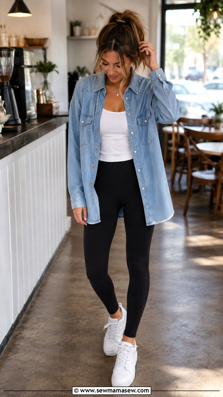 Pearl Snap Shirt Worn Open Over a Tank Top and Leggings - 20 Western outfit ideas with pearl snap shirt