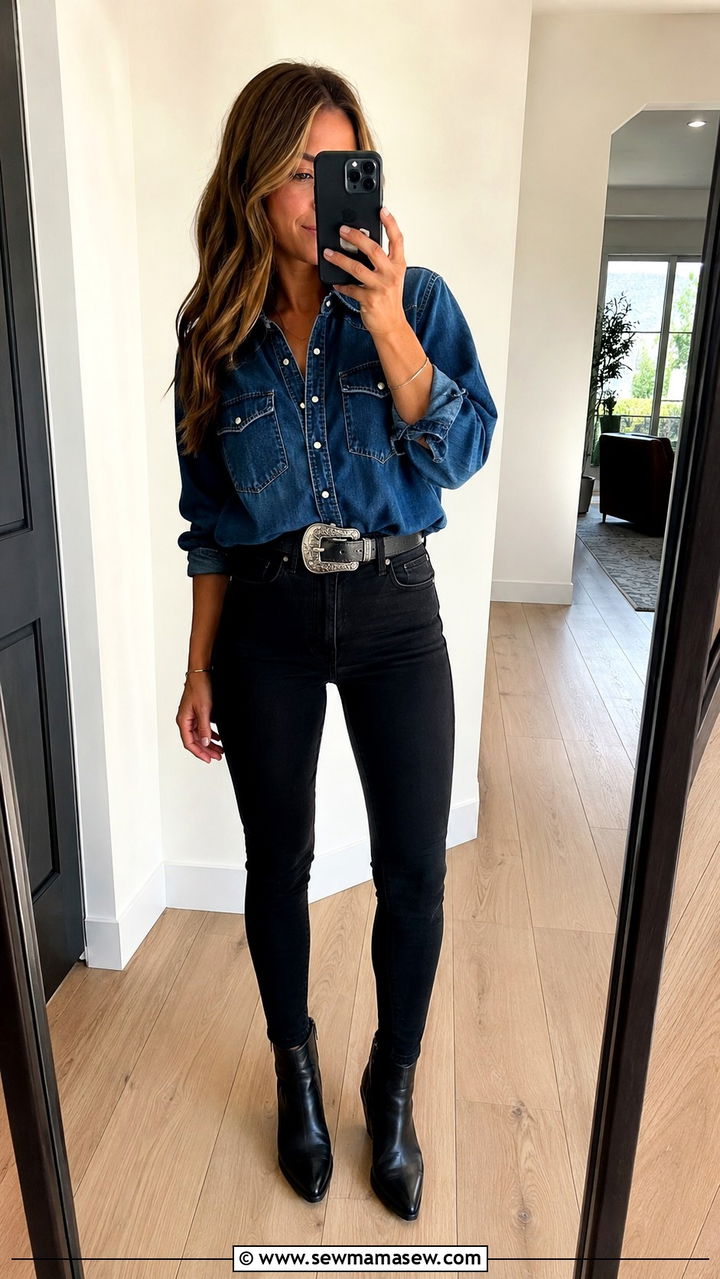 Pearl Snap Shirt with Dark Skinny Jeans and a Statement Belt - 20 Western outfit ideas with pearl snap shirt