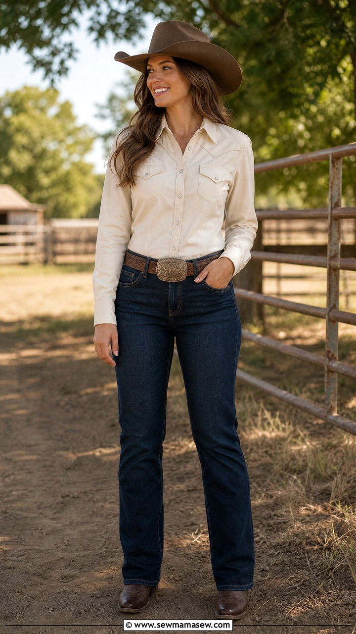 Pearl Snap Shirt with Dark Wash Jeans and Tooled Leather Belt - 30 Modern western outfit ideas