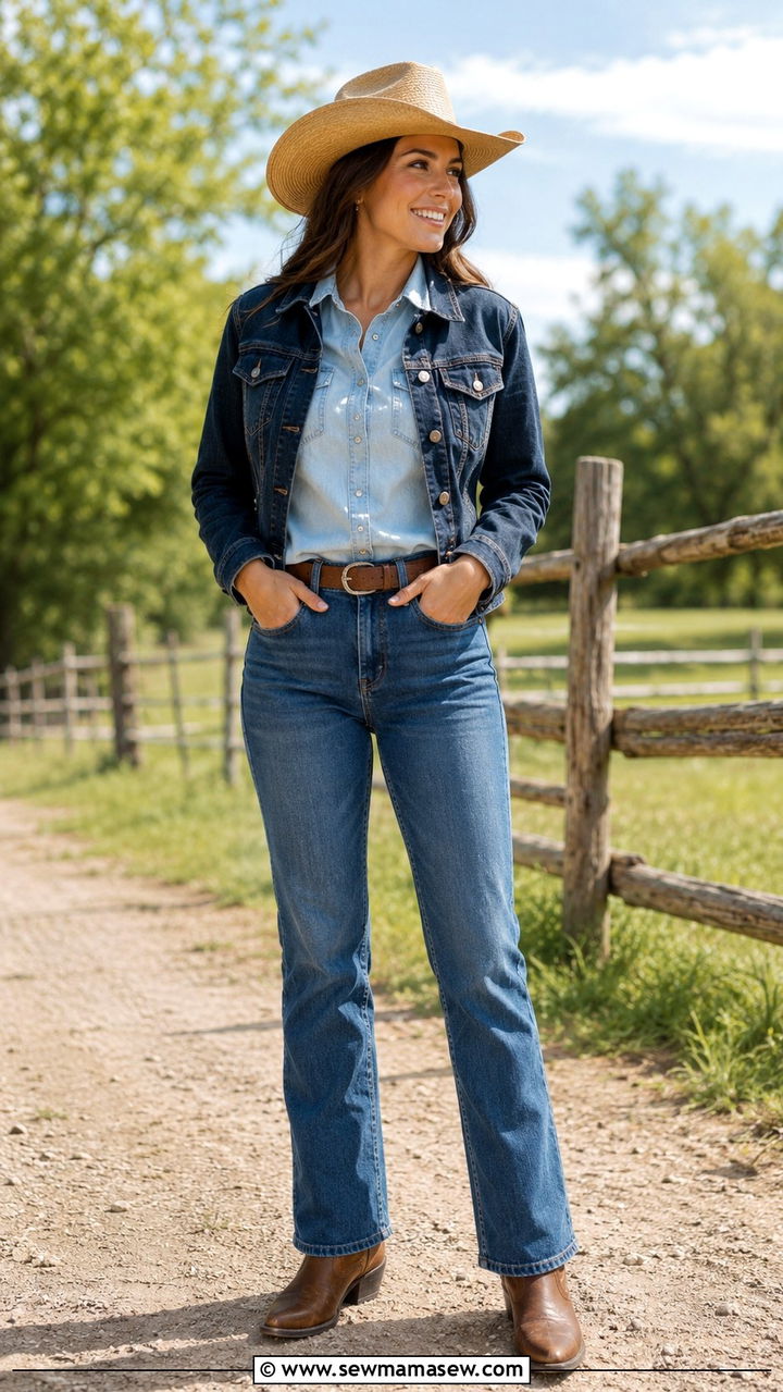 Pearl Snap Shirt with Denim Jacket and Cowboy Boots - 20 Western outfit ideas with pearl snap shirt