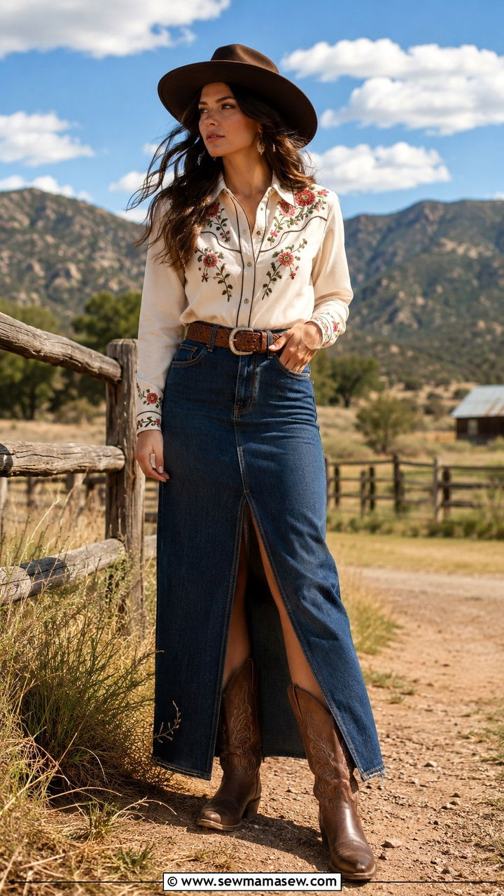 Pearl Snap Shirt with Denim Maxi Skirt - 25 Western outfits 2026
