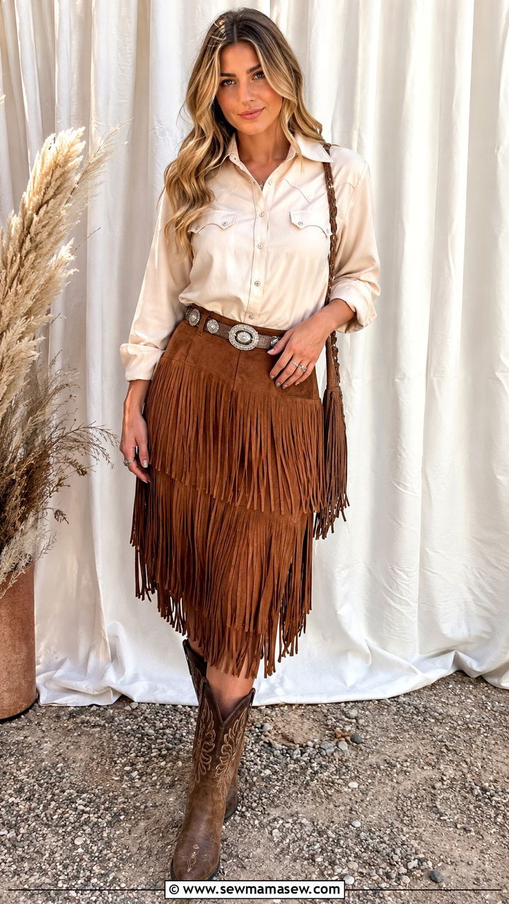 Pearl Snap Shirt with Fringe Skirt and Cowboy Boots - 20 Western outfit ideas with pearl snap shirt