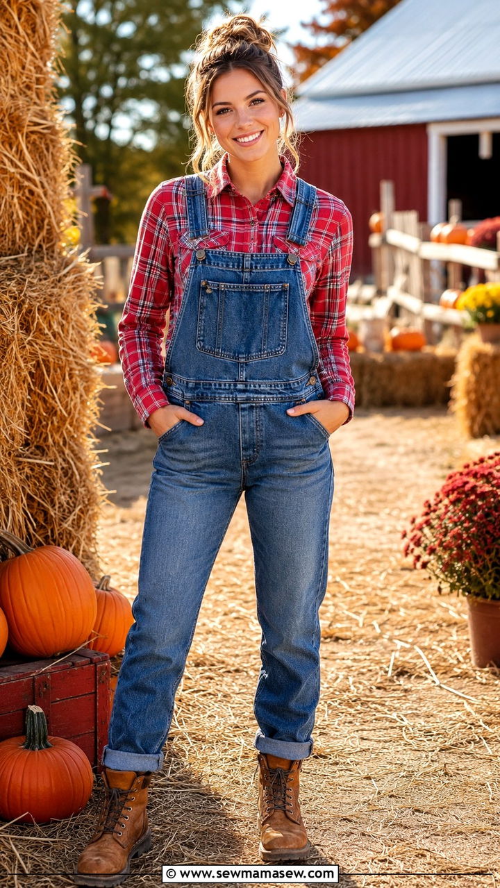 Pearl Snap Shirt with Overalls and Work Boots - 20 Western outfit ideas with pearl snap shirt