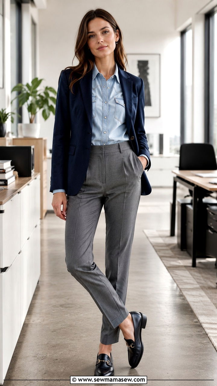 Pearl Snap Shirt with a Blazer and Tailored Trousers - 20 Western outfit ideas with pearl snap shirt