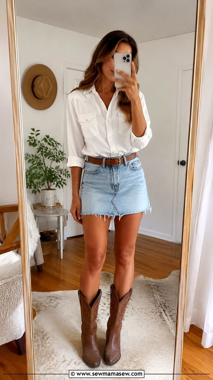 Pearl Snap Western Shirt With Denim Mini Skirt - 25 Western outfit ideas Taylor Swift country era