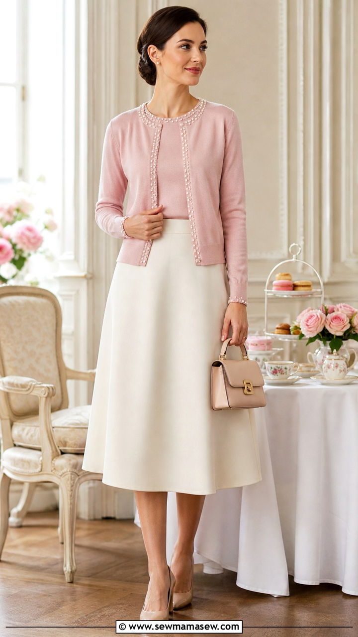 Pearl Trimmed Cardigan Twin Set With A Line Skirt - 20 60s outfit ideas 2026