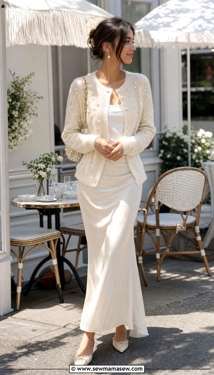 Pearl Trimmed Cardigan With Satin Slip Skirt Outfit - 35 Balletcore spring outfits