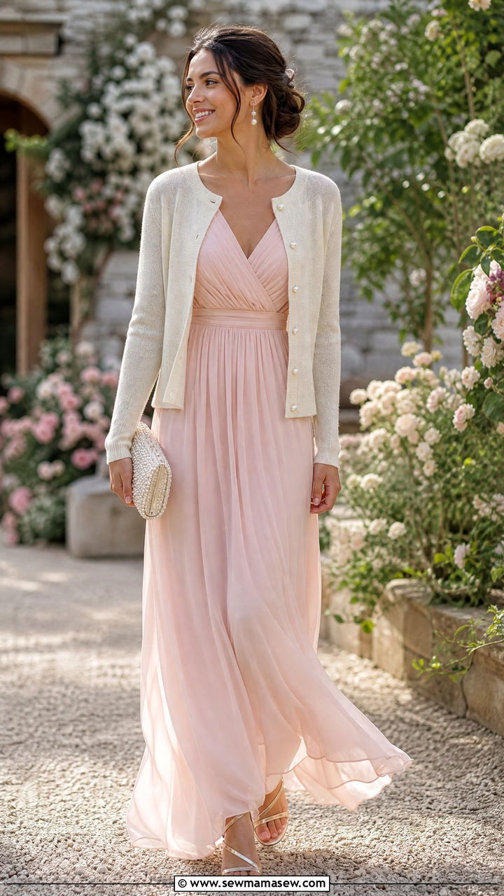 Pearl button cardigan with chiffon maxi dress - 25 How to style a cardigan for a wedding