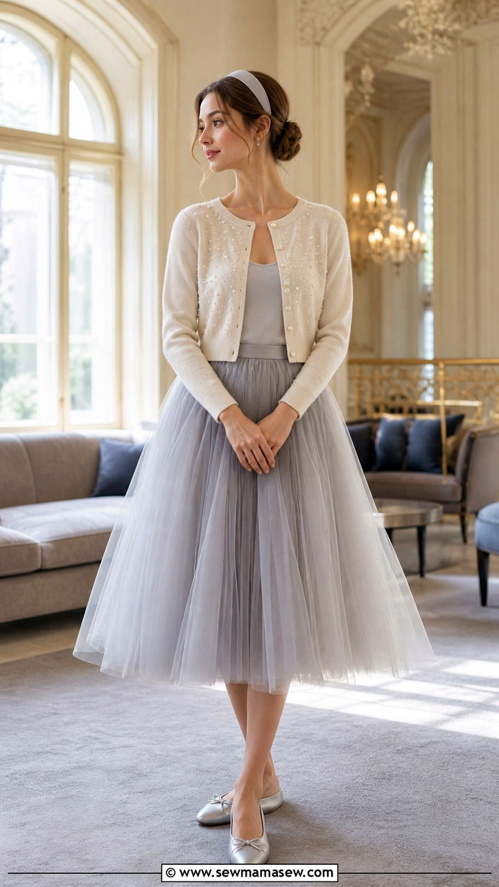 Pearl embellished cardigan with tulle skirt - 20 Ballet recital outfit ideas