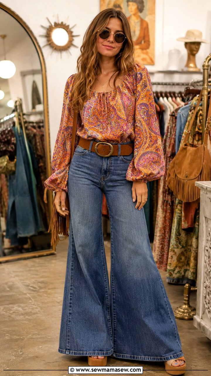 Peasant Blouse With Bell Bottom Jeans And Platforms - 25 Boho outfit ideas with peasant blouse