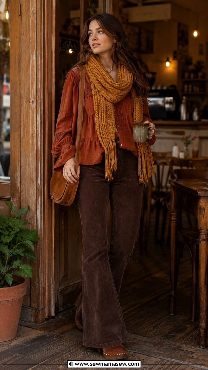 Peasant Blouse With Corduroy Flared Pants - 25 Boho outfit ideas with peasant blouse