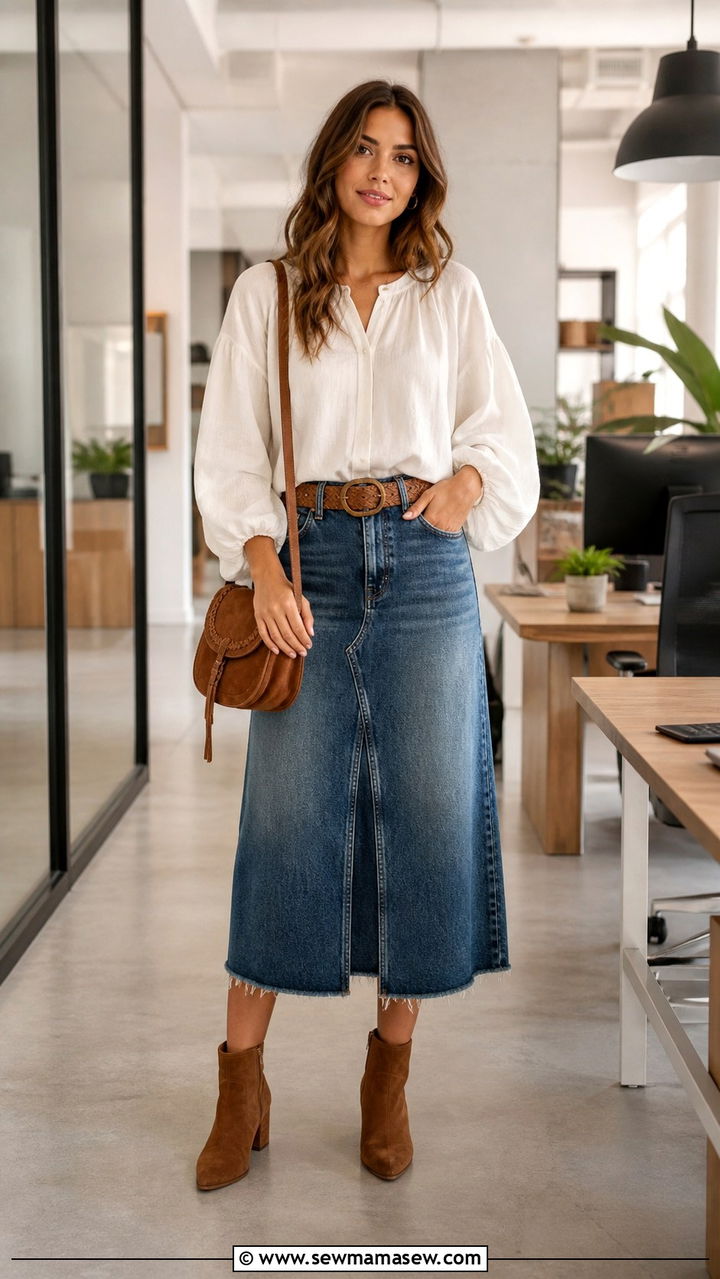 Peasant Blouse With Denim Midi Skirt - 40 boho chic outfits 2026