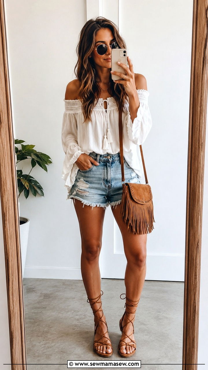 Peasant Blouse With Denim Shorts And Gladiator Sandals - 25 Boho outfit ideas with sandals