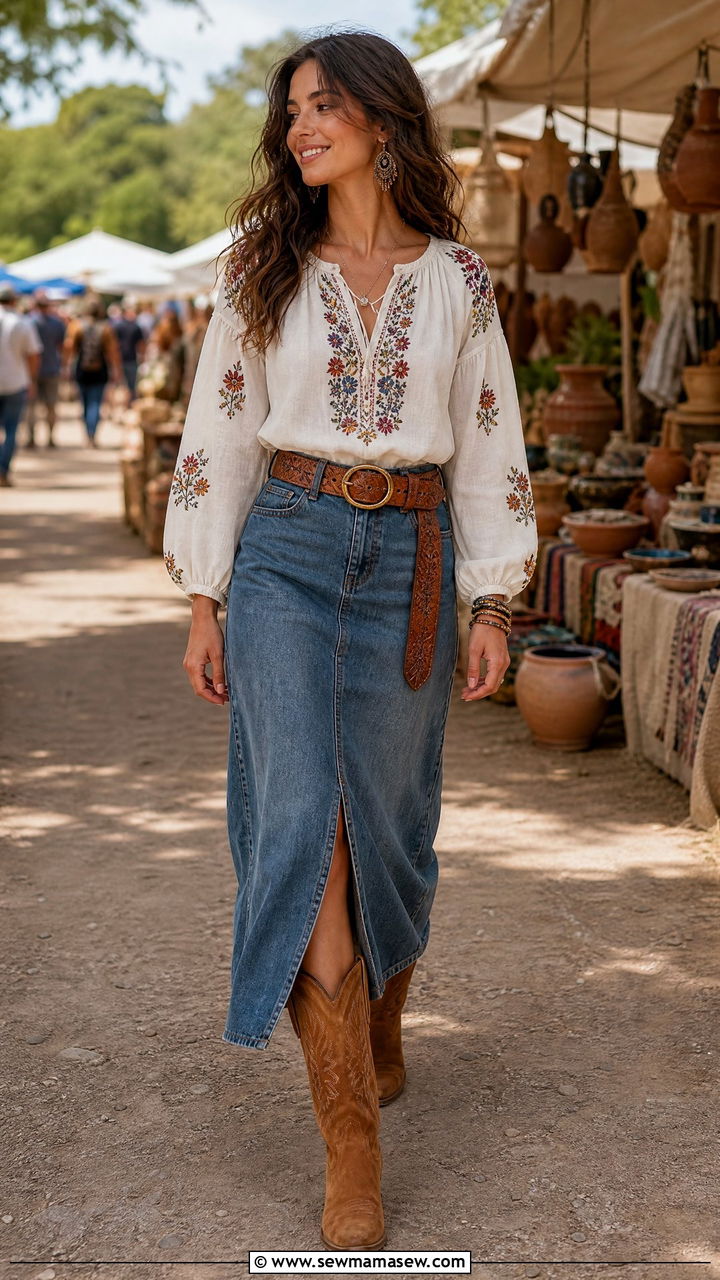 Peasant Blouse With Denim Skirt And Suede Cowgirl Boots - 40 summer western outfits