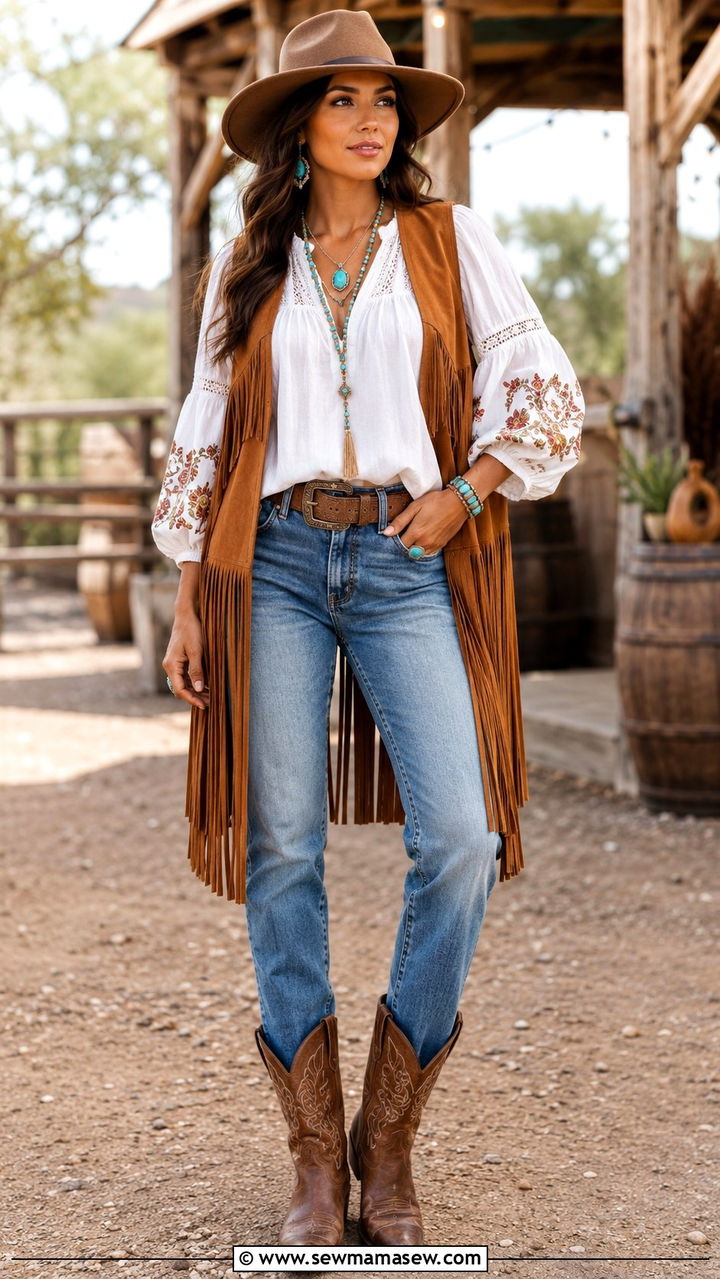 Peasant Blouse With Fringe Vest And Cowboy Boots - 25 Boho outfit ideas with peasant blouse