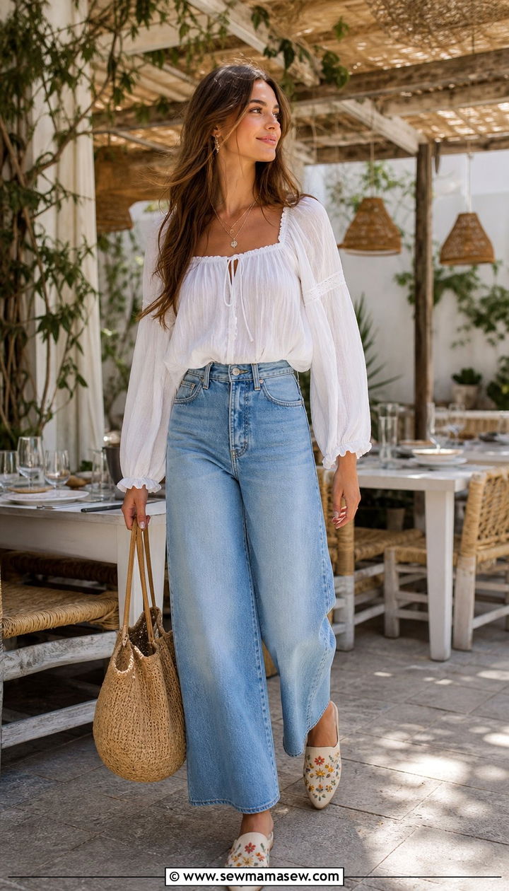 Peasant Blouse With High Waisted Jeans And Embroidered Mules - 25 summer fairycore outfit ideas