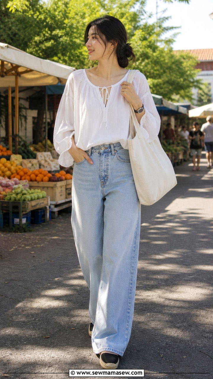 Peasant Blouse With Light Wash Wide Leg Jeans and a Canvas Tote - 40 Korean outfit ideas