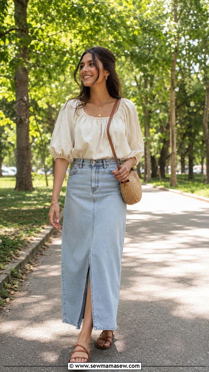 Peasant Blouse With Long Denim Skirt And Leather Sandals - 30 Long denim skirt outfit ideas summer