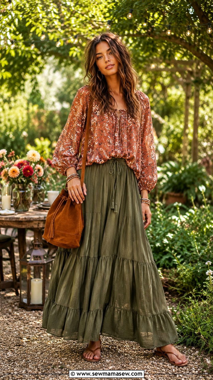 Peasant Blouse With Maxi Skirt And Sandals - 25 Boho outfit ideas with peasant blouse