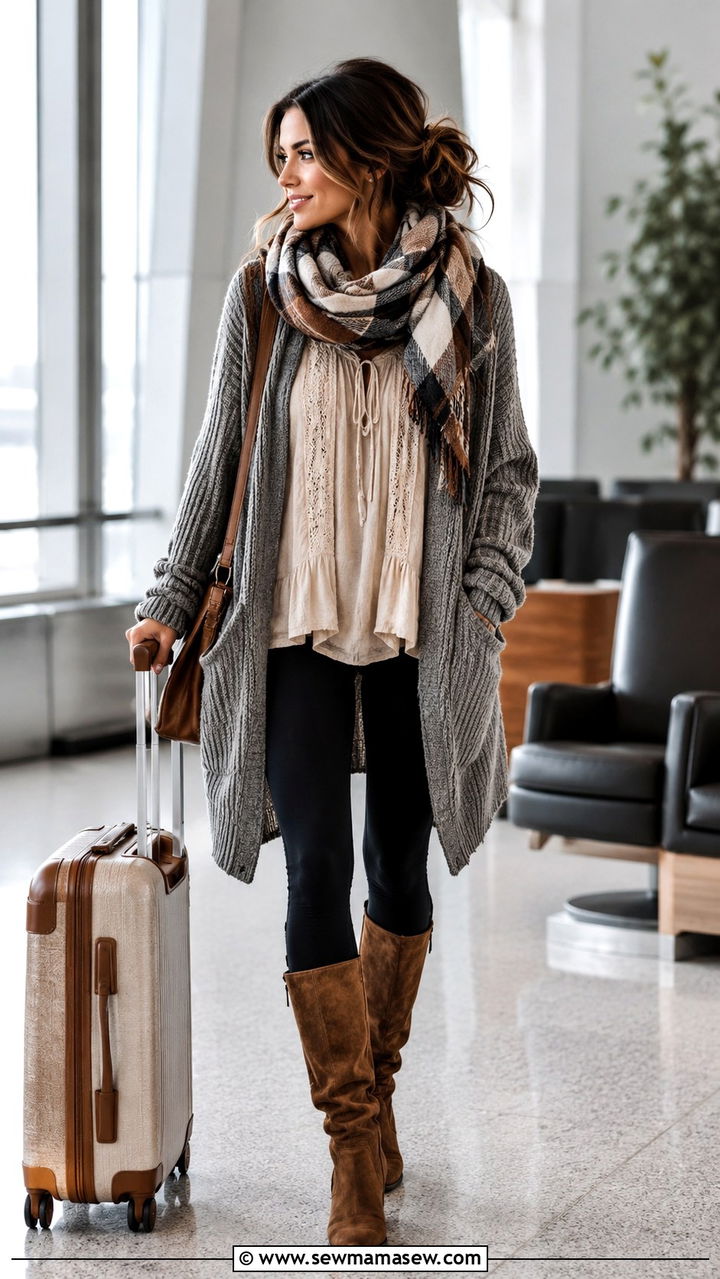 Peasant Blouse With Oversized Cardigan And Leggings - 25 Boho outfit ideas with peasant blouse