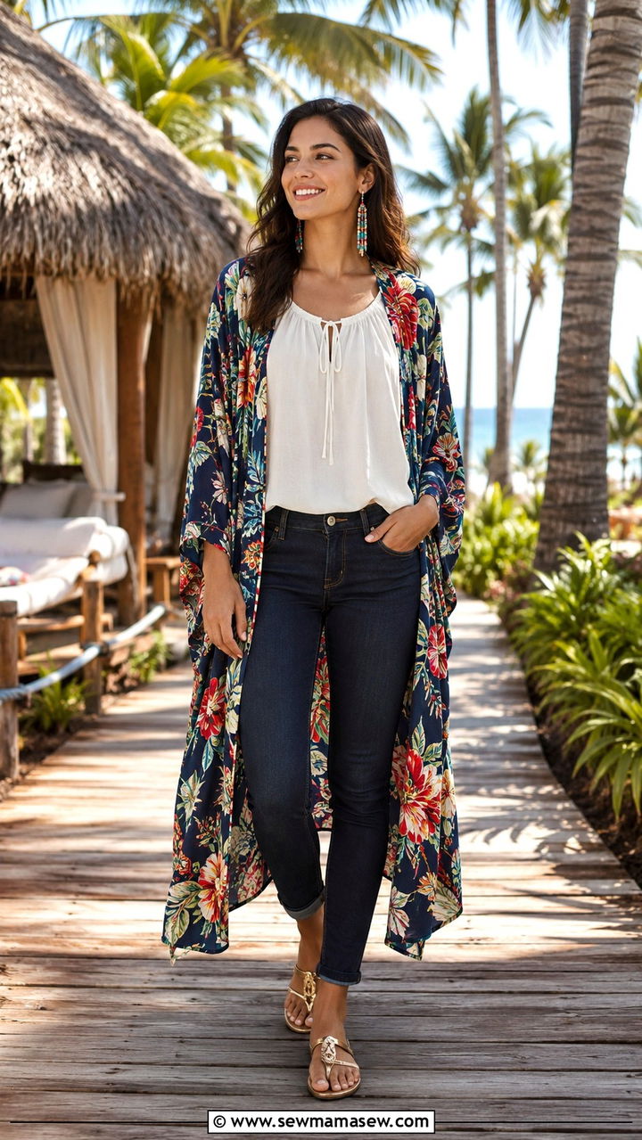 Peasant Blouse With Printed Kimono - 25 Boho outfit ideas with peasant blouse