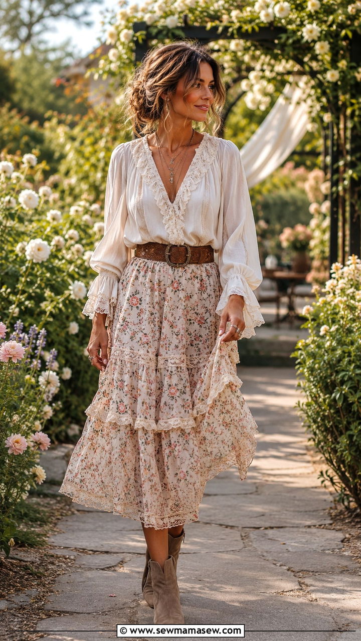 Peasant Blouse With Tiered Midi Skirt - 25 Boho outfit ideas with peasant blouse