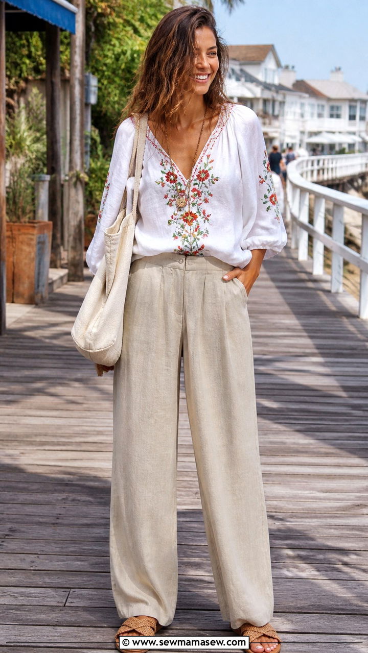 Peasant Blouse With Wide Leg Linen Pants - 40 Boho summer outfits