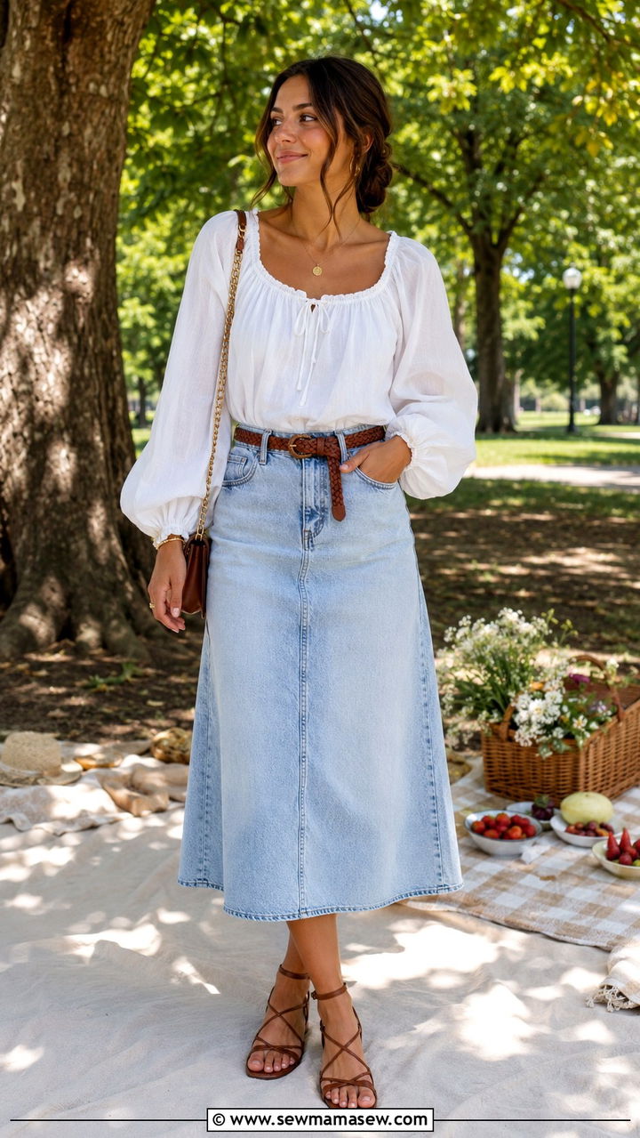 Peasant Blouse and Denim Skirt Outfit - 20 Summer outfits for 85 degree weather