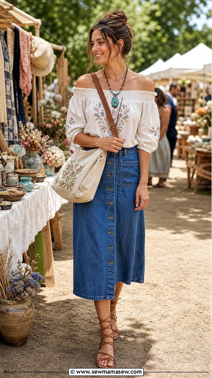 Peasant Blouse and Denim Skirt - 40 summer cottagecore outfits