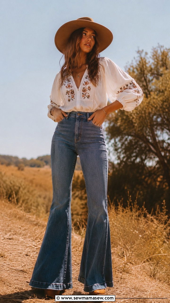 Peasant Blouse and Flared Jeans Solo Photoshoot Outfit - 30 Solo photoshoot outfit ideas